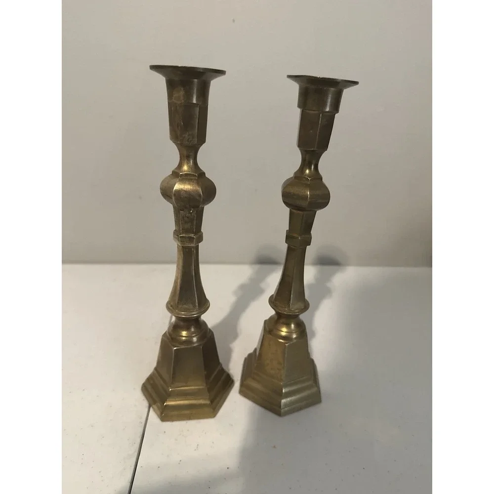 Rare Vintage Pair The QUEEN OF DIAMONDS Faceted Brass Candlesticks Patina
